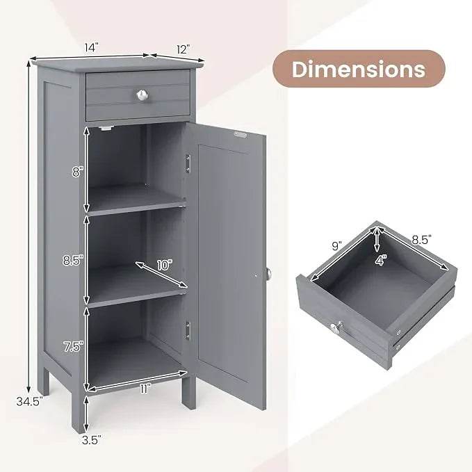 GLACER Floor Storage Cabinet, Multifunctional Bathroom Storage Cabinet with 2 Adjustable Shelves, Ideal for Bathroom, Living Room, 14 x 12 x 34.5 inches (Grey) - ModernBath