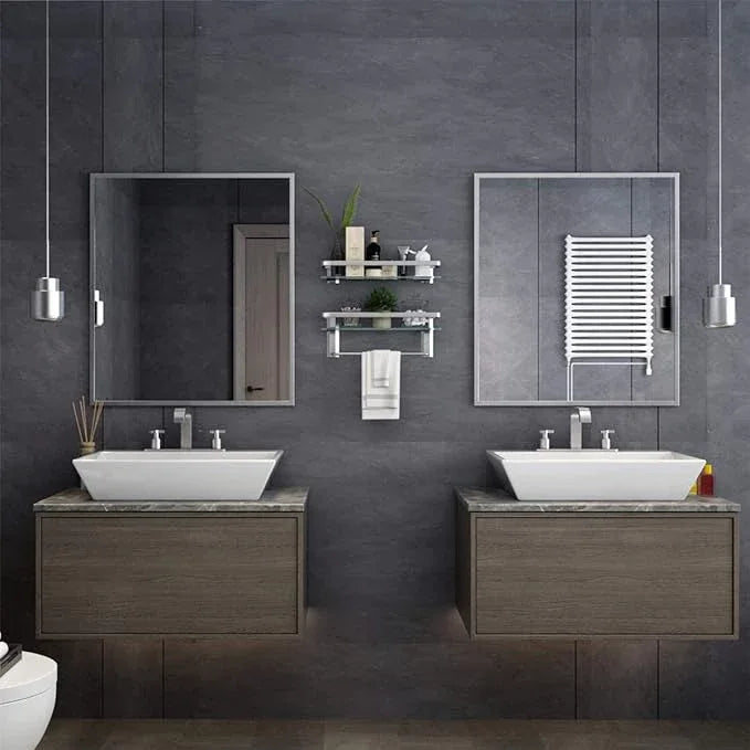 VOLPONE Glass Shelf with Towel Bar 15.7in Silver Bathroom Shelf Wall Mount Rustproof Bathroom Wall Organizer 1 Tier (Silver) - ModernBath