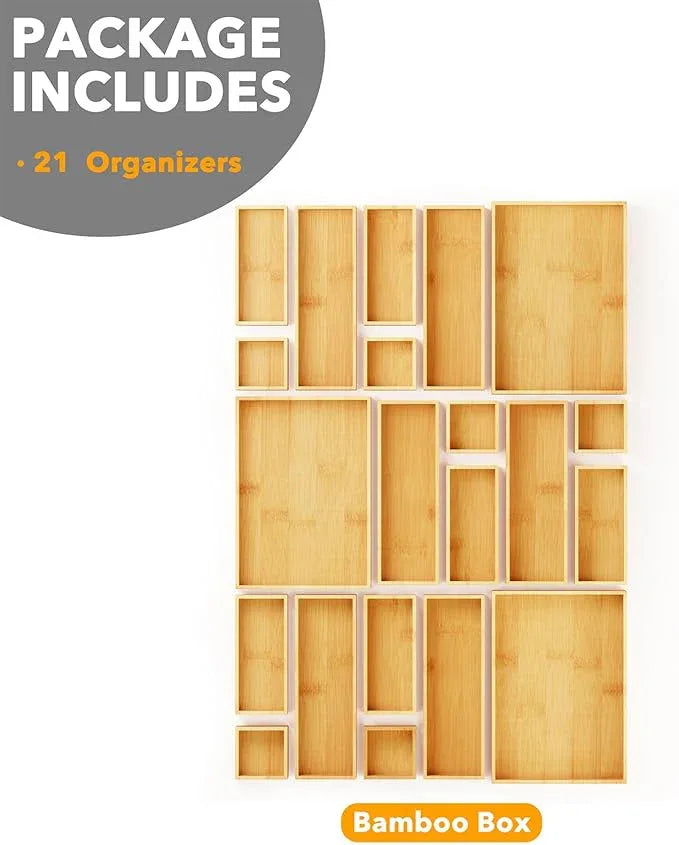 SpaceAid 21-Piece Bamboo Drawer Organizer Storage Boxes Set, Wood Tray Junk Drawer Organizers Multi-Use Divider Bins for Kitchen, Bathroom, Office Desk and Makeup Organization (21 Pack, Natural) - ModernBath