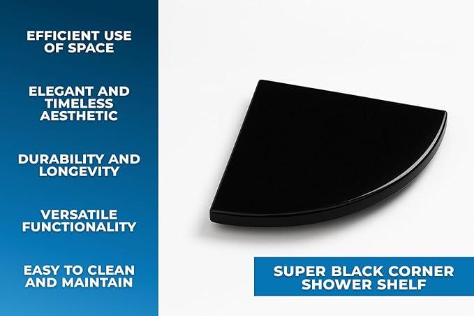 9 Inch Super Black Engineered Marble Corner Shower Shelf Bathroom Caddy, Wall Mounted Shower Shelf, Classic Flatback Design (1) - ModernBath
