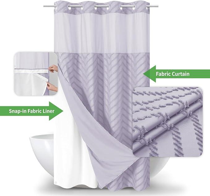 eachope Stall No Hook Boho Farmhouse Shower Curtain with Snap-in Fabric Liner set-54Wx80H(78H),Tufted Chevron Striped Hotel Grade Cloth Shower Curtains for Bathroom,Water Repellent,Lavender - ModernBath