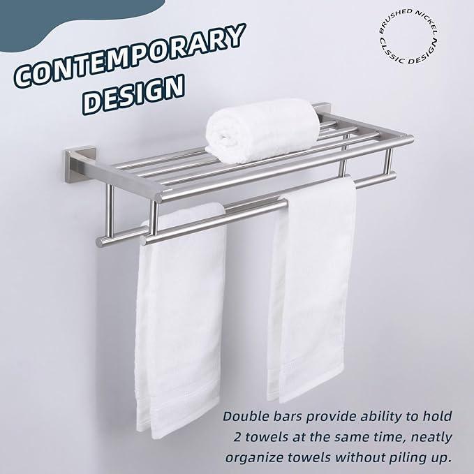 Towel Rack for Bathroom Brushed Nickel, Angle Simple SUS304 Stainless Steel Bath Towel Holder with Shelf for Wall 23.62 Inches - ModernBath