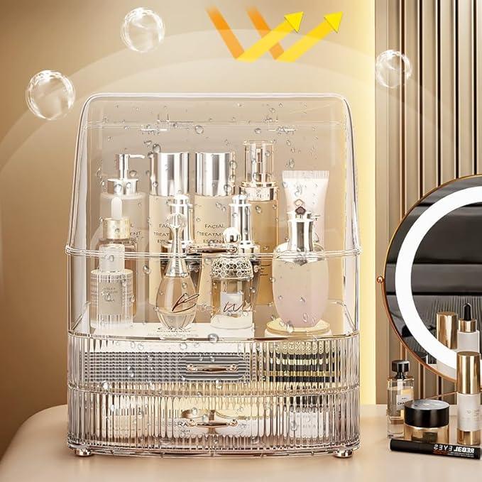 Plukers Makeup Organizer Countertop Vanity with Transparent Lid Drawers Waterproof Dustproof Cosmetic Skincare Bathroom Storage Gift for Women Teens Girls (Clear Whtie) - ModernBath