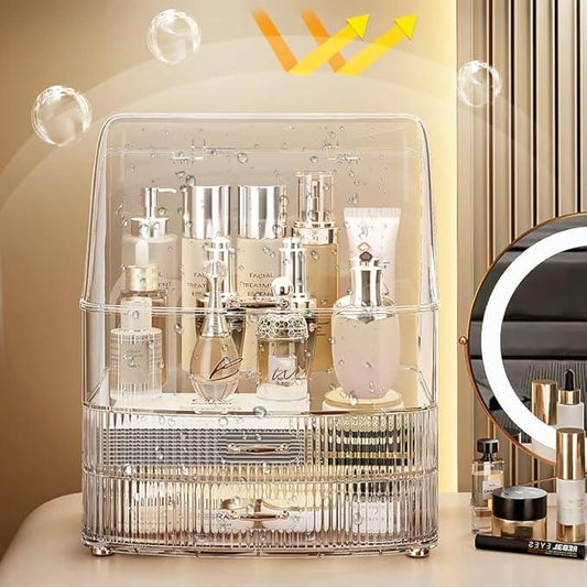 Plukers Makeup Organizer Countertop Vanity with Transparent Lid Drawers Waterproof Dustproof Cosmetic Skincare Bathroom Storage Gift for Women Teens Girls (Clear Whtie) - ModernBath