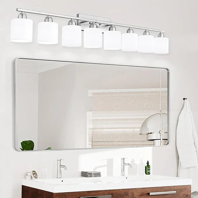 Brushed Nickel Light Fixture Bathroom for Huge Mirror, 8 Light Mirror Lights with Milky White Frosted Glass Shades, 51 inch Bathroom Mirror Lights for Mirrorss, E26 Socket - ModernBath