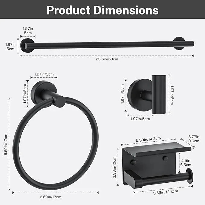 Matte Black Towel Bar Set 5 Pieces Bathroom Hardware Accessories Set Round Towel Holder Set for Bathroom Upgraded Toilet Paper Holder Stainless Steel Wall Mounted Towel Rack Set,23.6 Inch - ModernBath