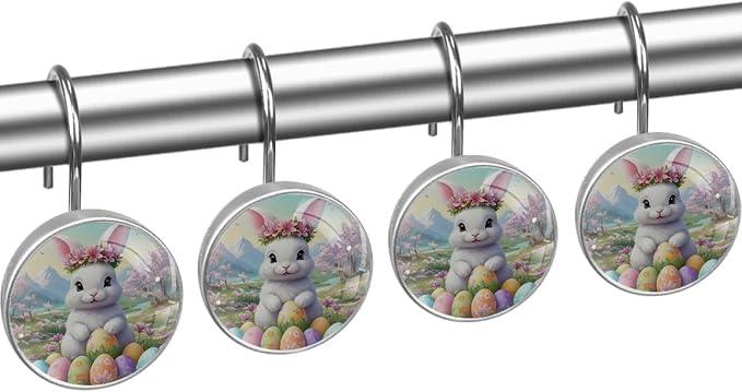 Bunny Rabbit and Easter Eggs Shower Curtain Hooks 12Pcs, Decorative Rust Resistant Shower Rings for Shower Curtain Rods, Stainless Steel Round Curtain Hooks for Bathroom, Bedroom, Farmhouse - ModernBath