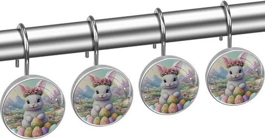 Bunny Rabbit and Easter Eggs Shower Curtain Hooks 12Pcs, Decorative Rust Resistant Shower Rings for Shower Curtain Rods, Stainless Steel Round Curtain Hooks for Bathroom, Bedroom, Farmhouse - ModernBath
