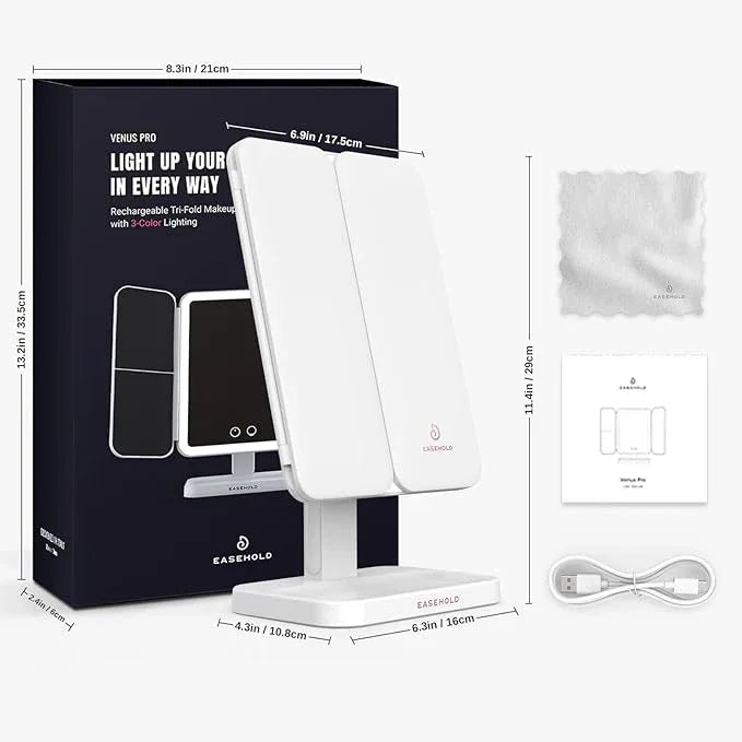EASEHOLD Lighted Makeup Mirror with 3X Magnification, 3 Color Lights & Touch Sensor - Rechargeable Trifold Vanity Mirror for Travel, Desk, Home Use - ModernBath