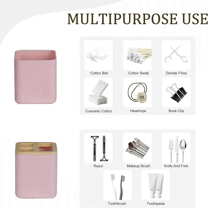 CERBIOR Bathroom Accessories Set 6 Piece Bamboo Bath Ensemble Includes Soap Dispenser, Toothbrush Holder, Toothbrush Cup, Soap Dish for Decorative Countertop and Housewarming Gift (Pink) - ModernBath