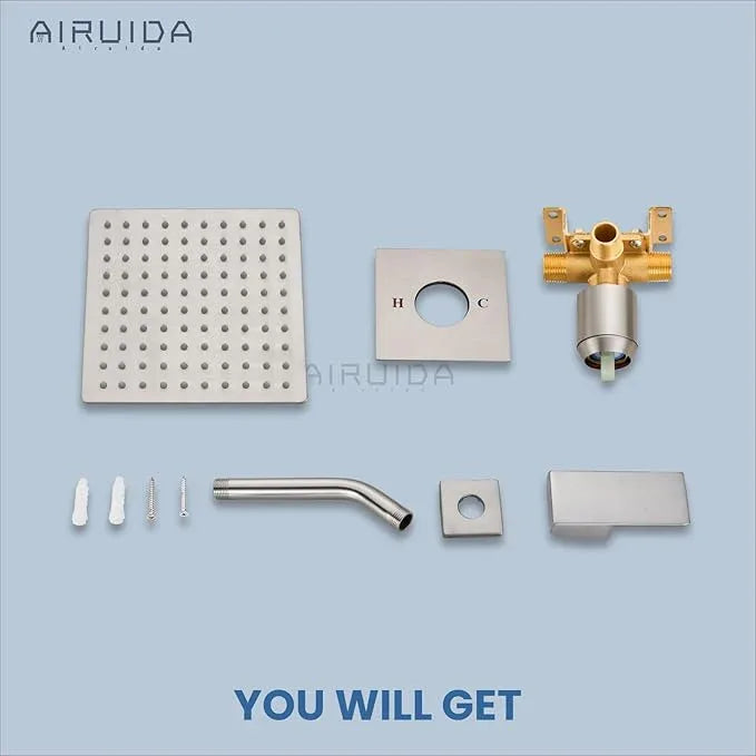 Airuida Shower Faucet Set Bathroom Rain Shower System 8 Inch Square Showerhead Single Function 1 Handle Trim Kit with Female Thread Rough-in Valve Cover Plate with H and C Labels Brushed Nickel - ModernBath