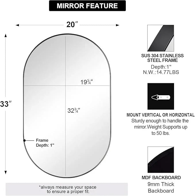 ANDY STAR Black Oval Mirror, 20x33’’ Oval Mirrors for Bathroom, Pill Shaped Mirror, Black Mirror Vanity, Modern Black Mirror for Bathroom Stainless Steel Metal Framed Wall-Mounted Mirrors - ModernBath