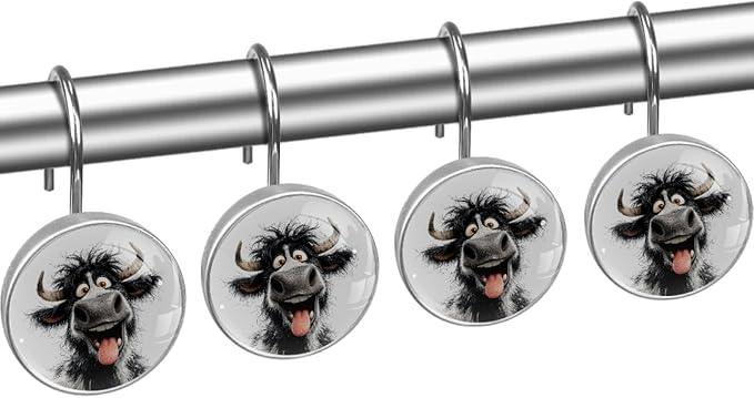 Laughing Highland Cow Rust Proof Shower Curtain Hooks 12Pcs for Bathroom Shower Rod, Decorative Shower Hooks Shower Curtain Hanger Rings Roller, Glass, Resin, Stainless Steel - ModernBath