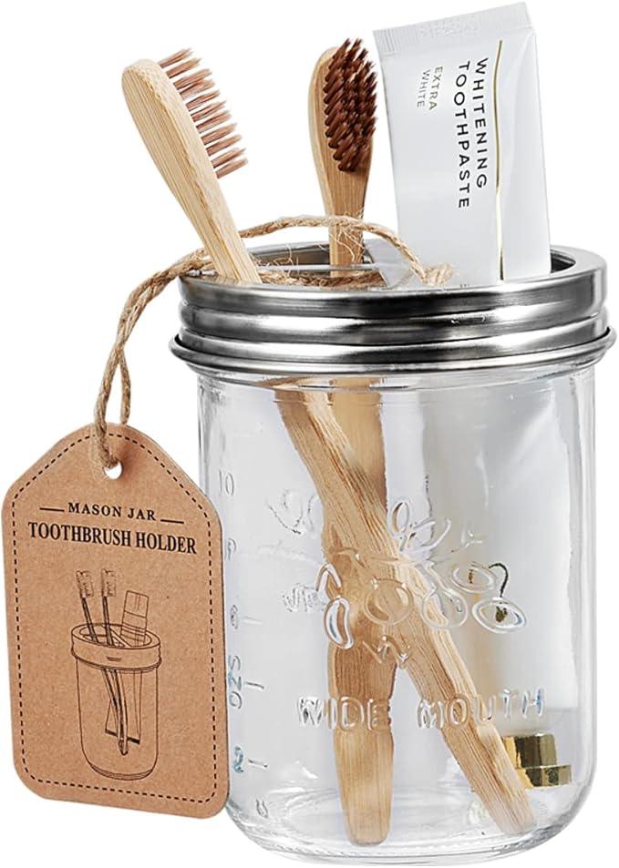 Amolliar Mason Jar Bathroom Accessories Set(4 Pack) - Foaming Soap Dispenser&Qtip Holder &Toothbrush Holder-Rustic Farmhouse Decor Bathroom Organizer Apothecary Jar Country Countertop (Brushed Nickel) - ModernBath