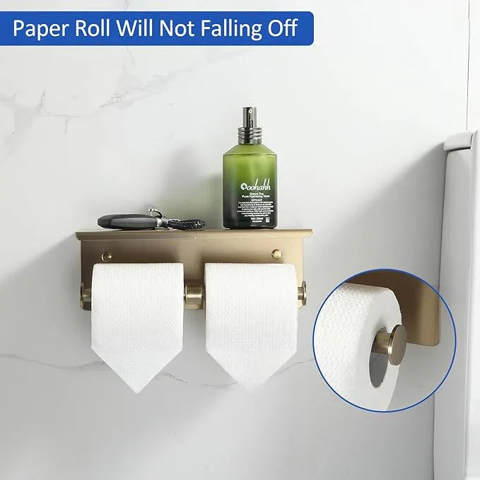 BGL Toilet Paper Holder with Shelf Matte Brushed Gold Double Head Toilet Tissue Roll Holder 304 Stainless Steel Wall Mount for Bathroom - ModernBath