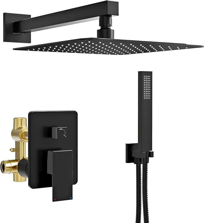 Kurpot Black Shower System, Wall Mounted Shower Faucet Set with Valve, 10-Inch Rainfall Shower Head with Handheld Combo Spray, 59'' Long Shower Hose and Shower Trim Kit, Matte Black - ModernBath