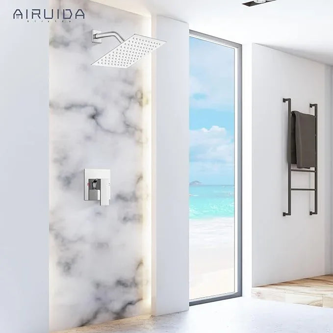 Airuida Shower Faucet Set Bathroom Rain Shower System 8 Inch Square Showerhead Single Function 1 Handle Trim Kit with Female Thread Rough-in Valve Cover Plate with H and C Labels Chrome Polish - ModernBath