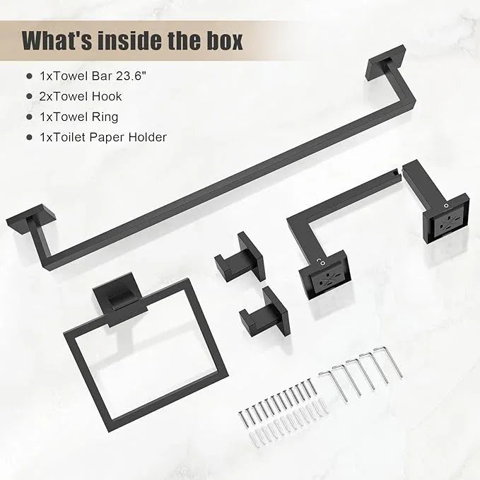TQKAG Matte Black Bathroom Hardware Accessories Set 5 Pieces, Double Post Pivoting Toilet Paper Holder Set Stainless Steel Square Bathroom Towel Bar Holder Set Wall Mounted - ModernBath