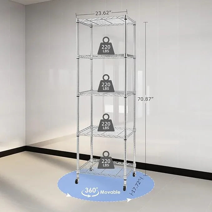 BNSPLY 5 Tier Narrow Wire Shelving Unit with Wheels, Height Adjustable Wire Shelves with NSF Certified, Mobile Metal Storage Rack for Kitchen, Laundry, Bathroom (17.7" D x 23.6" W x 71" H, Chrome) - ModernBath