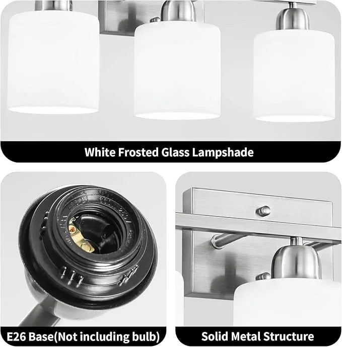 Brushed Nickel Bathroom Light Fixture, 3 Light Vanity Lights for Bathroom, Bath Lights with Milky White Frosted Glass Shades, E26 Socket - ModernBath