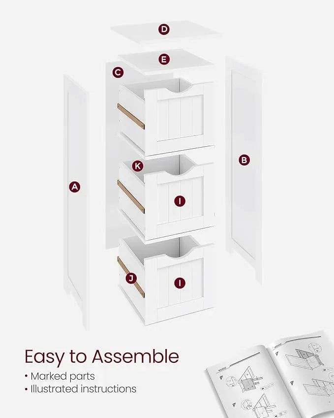 VASAGLE Floor Storage Cabinet, Freestanding Storage Unit with 3 Drawers, 11.8 x 12.6 x 31.9 Inches, for Bathroom, Living Room, Kitchen, Modern Style, Matte White UBBC50WT - ModernBath