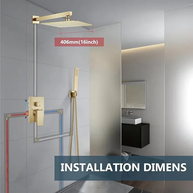 Aolemi Shower Faucet Set Rain Shower System with Handheld Spray Bathroom Shower Combo Rough-in Valve and Shower Trim Kit Included Brushed Gold 16 Inch Wall Mount Shower Head - ModernBath