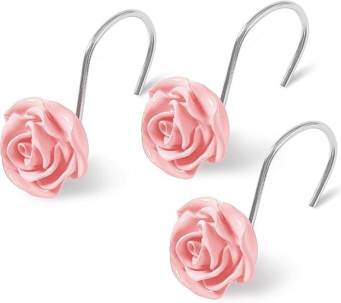 Litabel Rose Flower Shower Curtain Hooks 12PCS,Home Decorative Pink Rose Shower Curtain Hooks Metal Rustproof Cute Rose Flower Shower Hooks Rings Bathroom Shower Rods Decoration Accessories - ModernBath