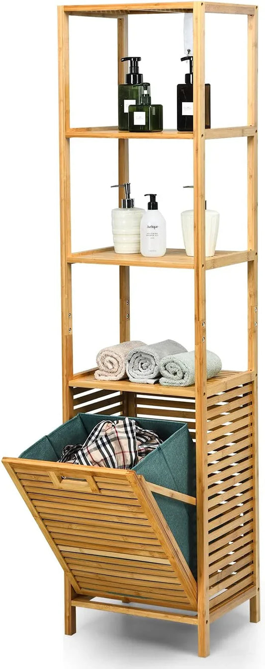 Giantex 63'' Tilt Out Laundry Hamper and 4-Tier Storage Shelves, Removable Clothes Basket with Easy Carry, Bamboo Tower Hamper Organizer, Great for Bathroom, Bedroom, Laundry Room, Closet, Nursery - ModernBath