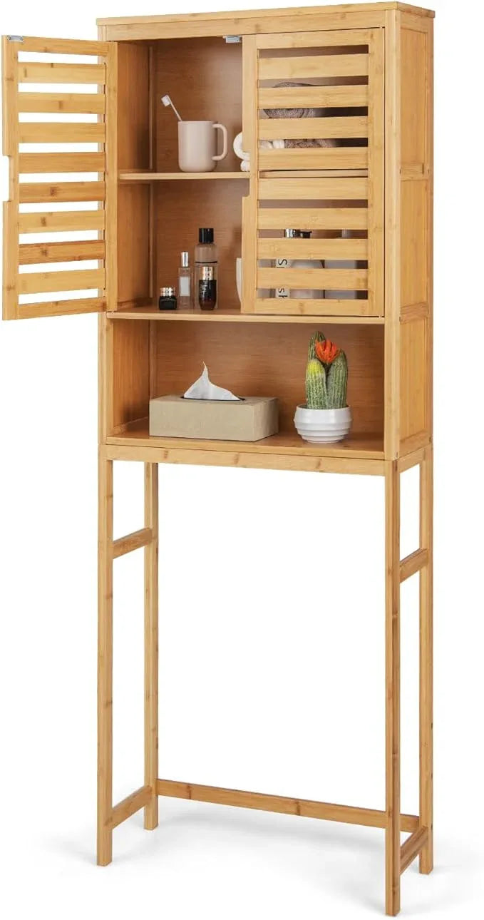 Giantex Over The Toilet Storage Cabinet, 3-Tier Bamboo Bathroom Space Saver with 2 Louver Doors, Open Shelf, Adjustable Bottom Bar, Over Toilet Bathroom Organizer for Laundry, Balcony, Restroom - ModernBath