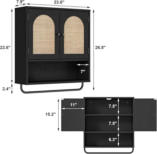 RUSTOWN Rattan Bathroom Wall Cabinet, Boho Medicine Cabinet with 2 Arched Doors, Farmhouse Over The Toilet Storage Cabinets with Adjustable Shelves & Towel Bar - ModernBath