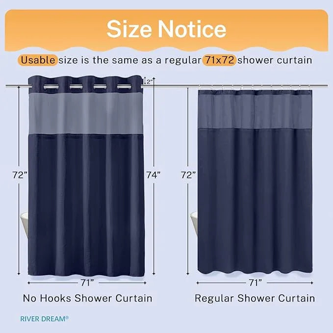 River Dream Heavyweight Navy Blue No Hooks Required Dotted Waffle Weave Shower Curtain with Snap in Liner - 71W x 74H,Hotel Grade,Spa Like Bath Curtain - ModernBath