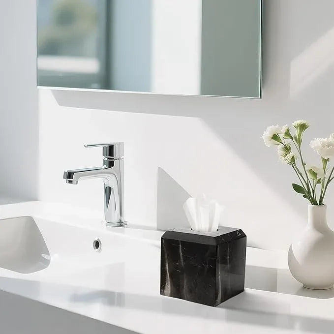 WORHE Tissue Box Cover Italy Natural Marble Heavy Duty Square Facial Toilet Paper Holder for Bathroom Living Room Bedroom Dresser Kitchen Minimalistic Office Home Decor Black (WH013) - ModernBath