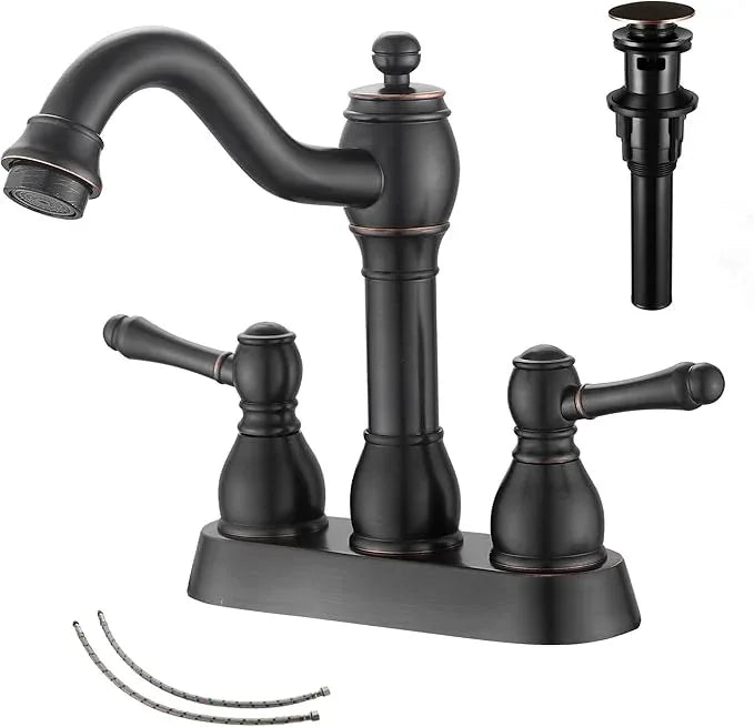 GGStudy Oil Rubbed Bronze Bathroom Faucet 2 Handles 4 Inches Centerset RV Bathroom Vanity Faucet with Drain Assembly and Supply Hose Lavatory Faucet - ModernBath