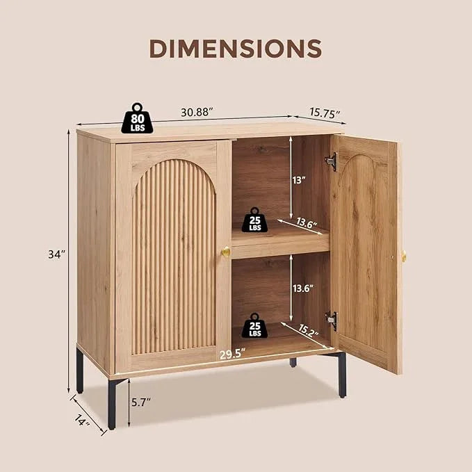 Bathroom Cabinet with Storage, 34" Tall Fluted Arched Free Standing Floor Cabinet w/Adjustable Shelves, Modern Sideboard Cabinet for Bathroom, Kitchen, Living Room, Entryway, Natural - ModernBath