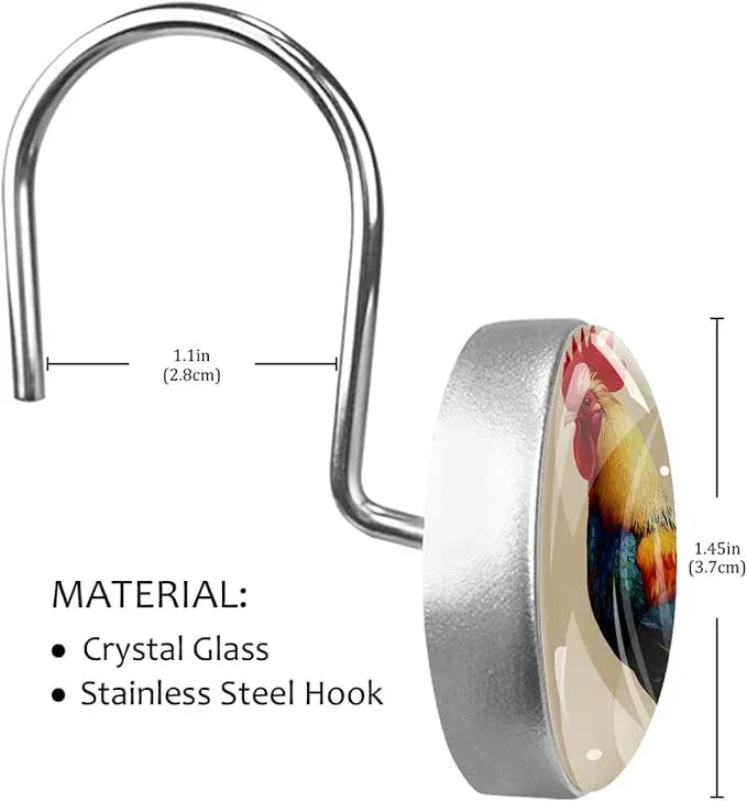 Modern Rooster Shower Curtain Hooks Rings, Stainless Steel Rust Proof Shower Curtain Hooks, Decorative Shower Hooks for Bathroom Shower Rods Curtains, Set of 12 - ModernBath