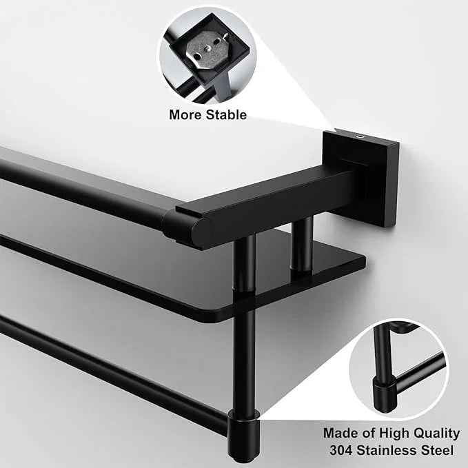Glass Shelf for Bathroom 20 Inch Bathroom Shelves with Towel Bar Tempered Glass Shelves with Stainless Steel Towel Holder for Wall (All Matte Black) - ModernBath