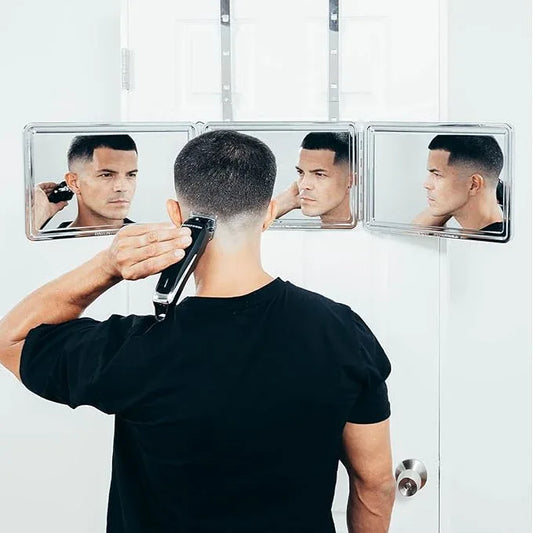 Self Cut System 3 Way Mirror for Self Hair Cutting, Trifold Barber Mirror with Height Adjustable Hooks, 360 View, Includes Free Educational Mobile App (Black Lambo) - ModernBath