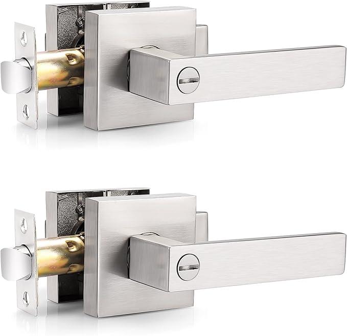 Probrico Heavy Duty Square Satin Nickel Privacy Door Levers, Interior Keyless Locks Bath/Bed Door Locksets, Reversible for Left/Right Handed Doors, 2 Pack - ModernBath