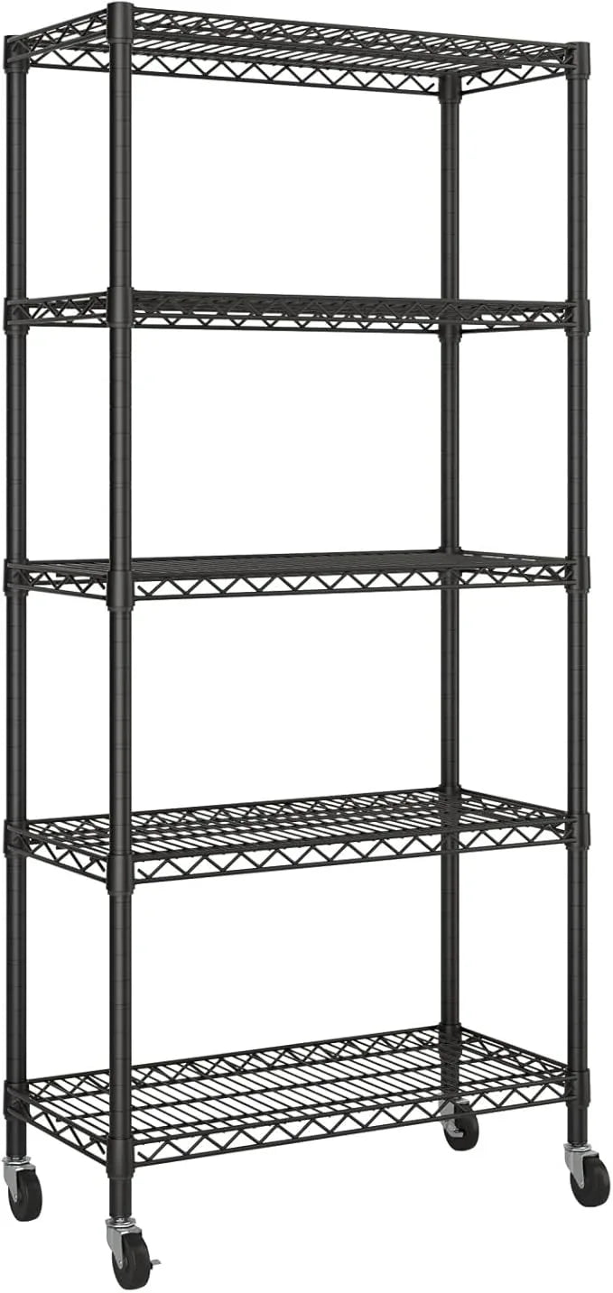5 Tier Shelves Storage Shelf Wire Closet Bathroom Organizers Metal Pantry Kitchen Garage Shelving Unit Laundry Room Organization Home Rack Net Basket Black with Wheels 14”D X 30”W X 70”H - ModernBath