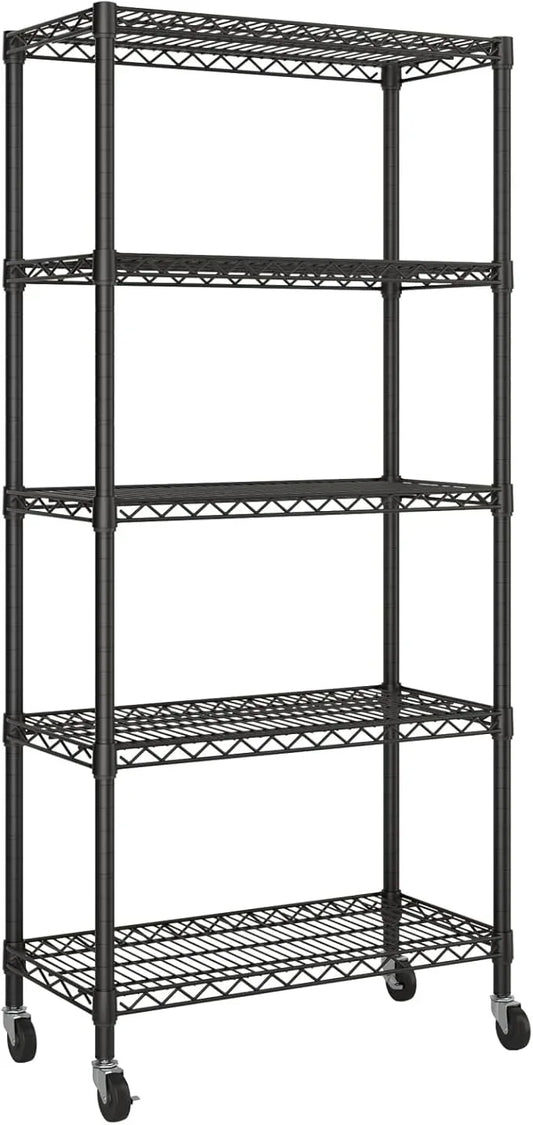 5 Tier Shelves Storage Shelf Wire Closet Bathroom Organizers Metal Pantry Kitchen Garage Shelving Unit Laundry Room Organization Home Rack Net Basket Black with Wheels 14”D X 30”W X 70”H - ModernBath