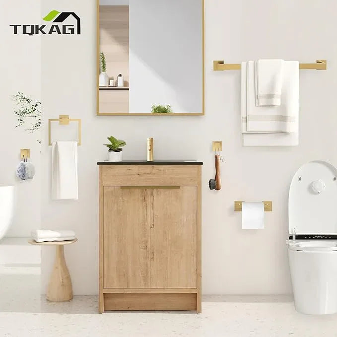 TQKAG Brushed Gold Bathroom Hardware Accessories Set 5 Pieces, Double Post Pivoting Toilet Paper Holder Set Stainless Steel Square Bathroom Towel Bar Holder Set Wall Mounted - ModernBath