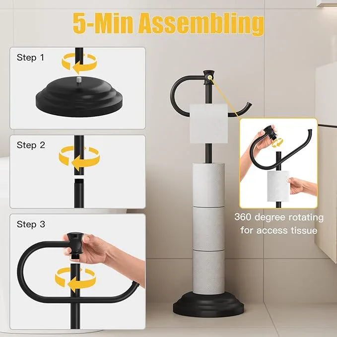 BESy Toilet Paper Holder Free Standing Bathroom Toilet Tissue Holder Stand for Floor Toilet Paper Roll Holder with Storage Hardware Accessories Rack Hand Towel Bar Matte Black Stainless Steel - ModernBath