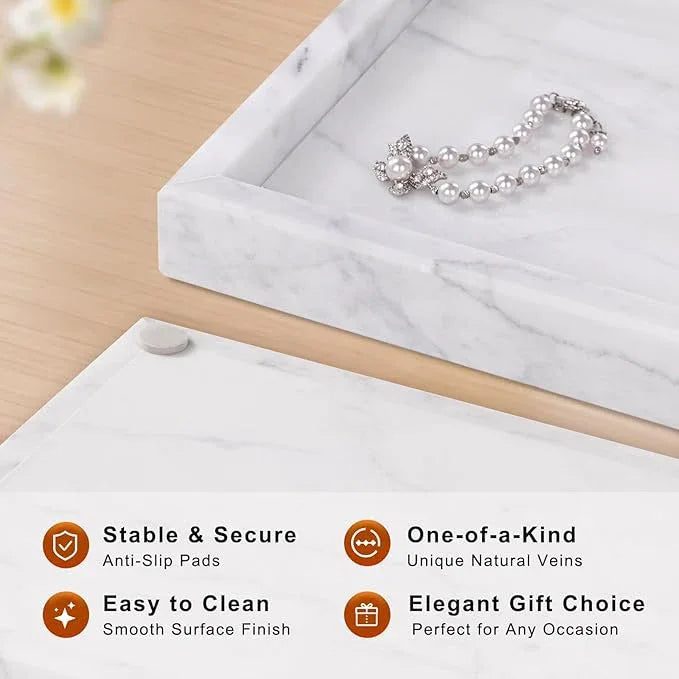 Homaura Marble Bathroom Tray for Countertop & Home Decor, Natural Decorative Marble Tray for Jewelry & Perfume Organizer, Luxury Stone Vanity Trays for Dresser, Kitchen Counter, 12" x 8", White - ModernBath