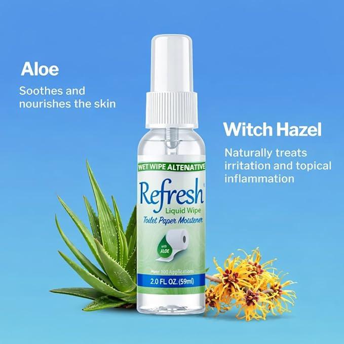 Refresh Liquid Wipe Toilet Paper Spray – Eco-Friendly Flushable Wet Wipe Alternative, Cleanses & Soothes with Witch Hazel & Aloe, Septic & Plumbing Safe, 2 Fl Oz (1 Pack) - ModernBath