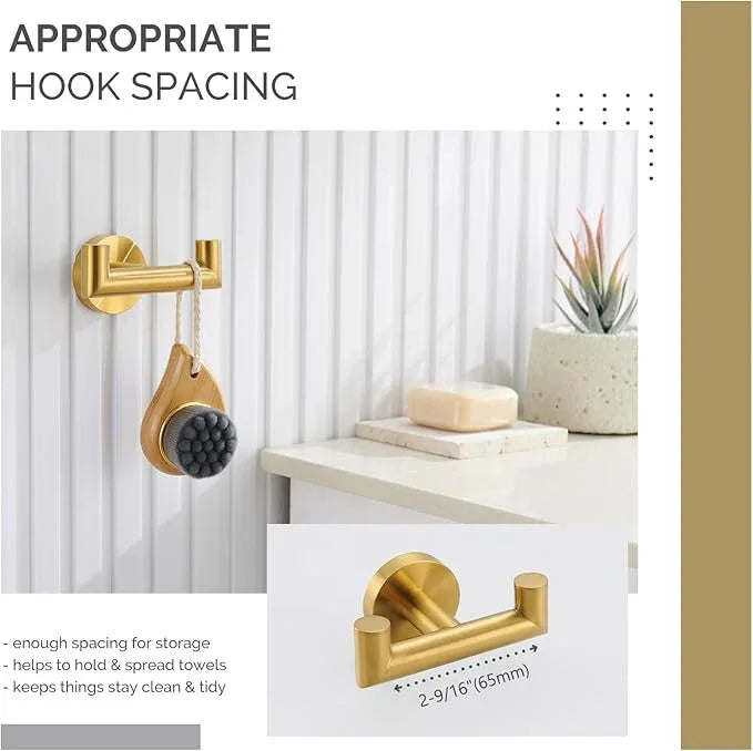 Angle Simple Bathroom Double Hook Brassy Gold, SUS304 Stainless Steel Bath Towel Holder, Double Robe Hanger Wall Mount - ModernBath