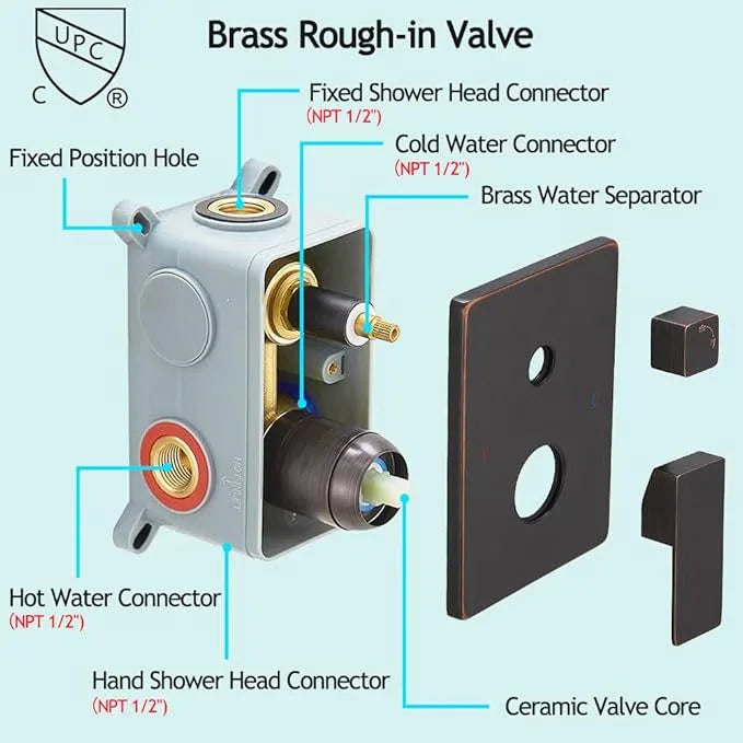 YCAIKOI Shower Faucet Set Complete, Wall Mount Shower System for Bathroom 12 Inch High-Pressure Rainfall Shower with Handheld, Rough-in Valve Body and Trim Kit, Oil Rubbed Bronze - ModernBath