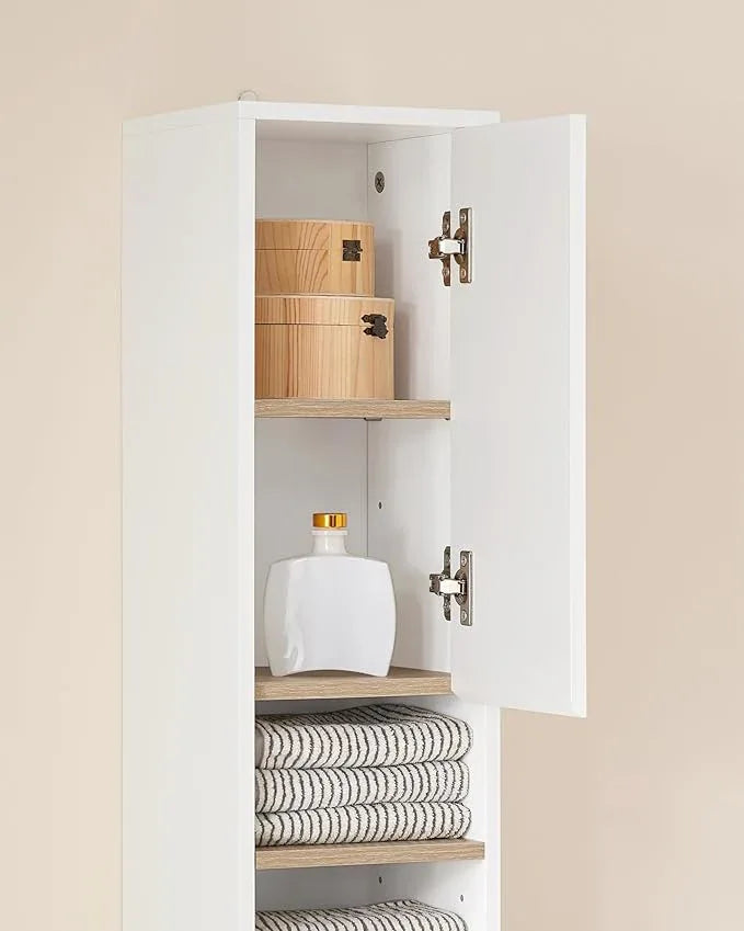 SoBuy Bathroom Narrow Storage Cabinet Skinny Tall Unit with Adjustable Shelves Slender Anti-Tipping Floor Standing Cupboard, White & Natural BZR34-WN - ModernBath