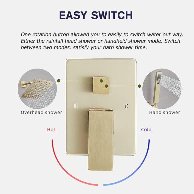 annazom Shower Faucet Set System 10 Inch Shower Head High Pressure Handheld Spray Combo Set with Rough-in Valve for Bathroom and Shower Room, Brushed Gold Finishing - ModernBath