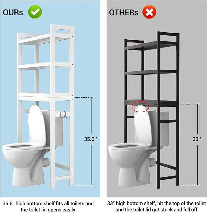 Homykic Over The Toilet Storage, Bamboo Over Toilet Bathroom Organizer Rack, Freestanding Bathroom Shelves Above Toilet Storage with 3 Hooks, Bathroom Space Saver, No Rust, Easy to Assemble, White - ModernBath