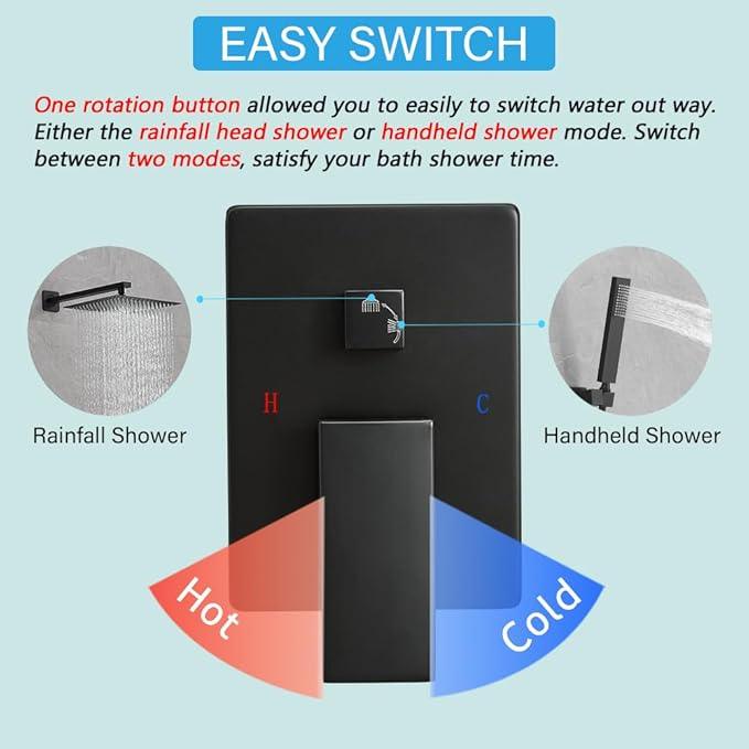 YCAIKOI Shower Faucet Set Complete, Wall Mount Shower System for Bathroom 12 Inch High-Pressure Rainfall Shower with Handheld, Rough-in Valve Body and Trim Kit, Matte Black - ModernBath